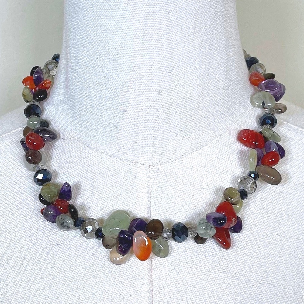 Vintage Mixed Natural Gemstone Beaded Necklace Multicolor Chunky Boho Statement